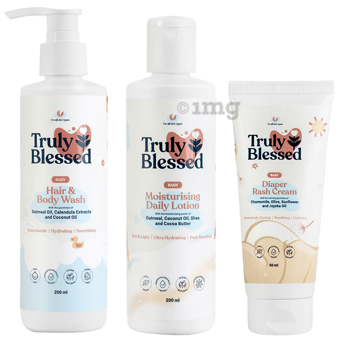 Truly Blessed Combo Pack of Baby Hair & Body Wash 200ml, Baby Moisturising Daily Lotion 200ml and Diaper Rash Cream 50ml