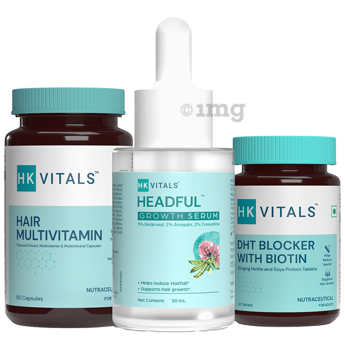 HealthKart HeathKart HK Vitals Hairfall Solution Kit Stage 2 | Hair Multivitamin - 60 Capsules, Headful Hair Growth Serum - 30 ml, & DHT Blocker with Biotin - 30 Tablets