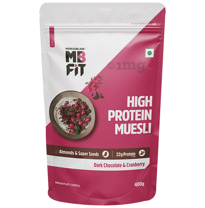 MuscleBlaze Fit High Protein Muesli 22 g Protein | Flavour Dark Chocolate & Cranberry