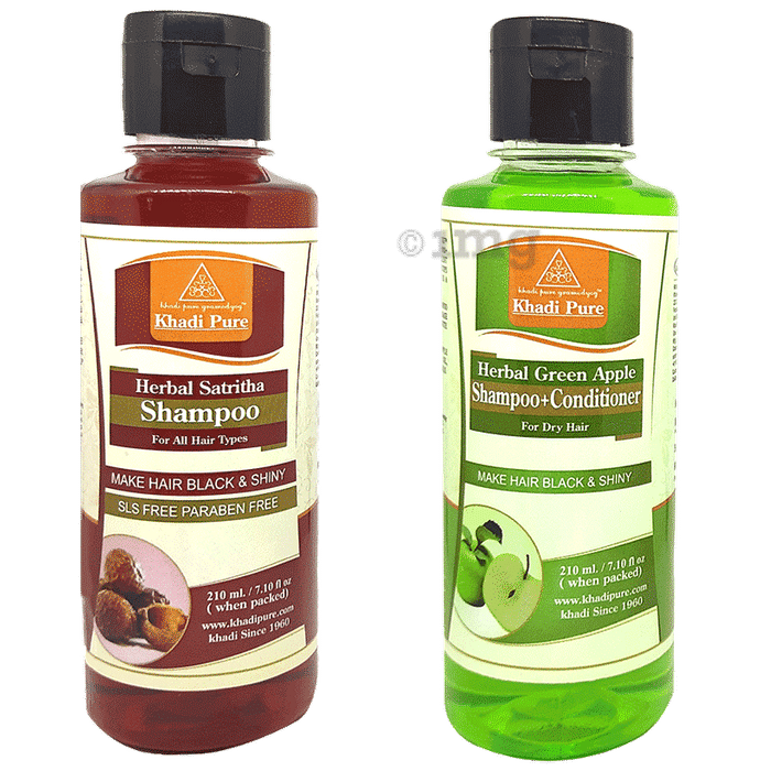 Khadi Pure Combo Pack of Green Apple Shampoo + Conditioner & Herbal Satritha Shampoo SLS & Paraben Free (210ml Each)