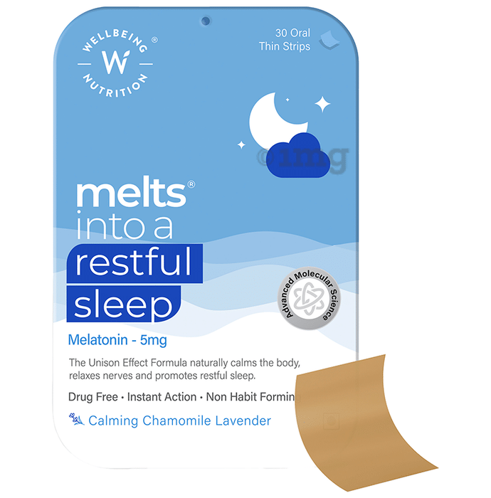 Wellbeing Nutrition Melts into a Restful Sleep Melatonin 5mg Oral Thin Strip Calming Chamomile Lavender Disintegrating Strip