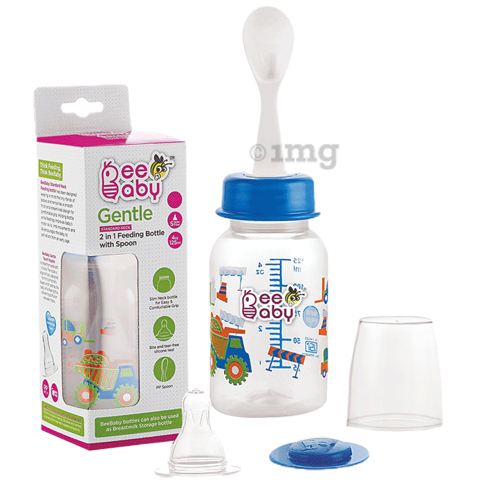 BeeBaby Gentle 2 in 1 Slim Neck Baby Feeding Bottle with Anti-Colic Silicone Nipple & Feeder Spoon 3 Months+ Blue