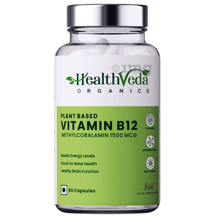 Health Veda Organics Plant Based Vitamin B12 (Methylcobalamin) 1500 mcg | For Energy, Bone & Brain Health | Capsule