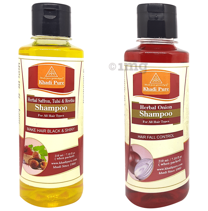 Khadi Pure Combo Pack of Herbal Saffron,Tulsi & Reetha Shampoo & Herbal Onion Shampoo (210ml Each)