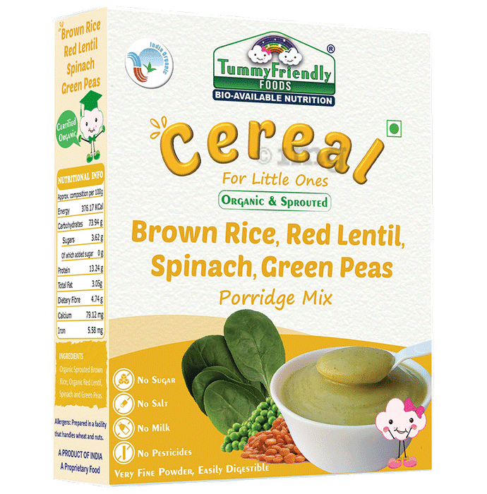 TummyFriendly Foods Cereal Sprouted Brown Rice, Red Lentil, Spinach, Green Peas Certified 100% Organic Sprouted Ragi, Oats, Red Lentil, Banana Porridge Mix