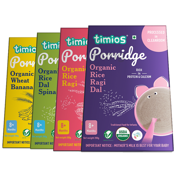 Timios Combo Pack of Porridge for 8+ Months (200gm Each) Organic Wheat Banana, Organic Rice Dal Spinach, Organic Rice Ragi & Organic Rice Ragi Dal