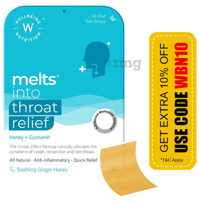Wellbeing Nutrition Melts into Throat Relief | Oral Thin Strips with Honey & Curcumin | Flavour Soothing Ginger Honey
