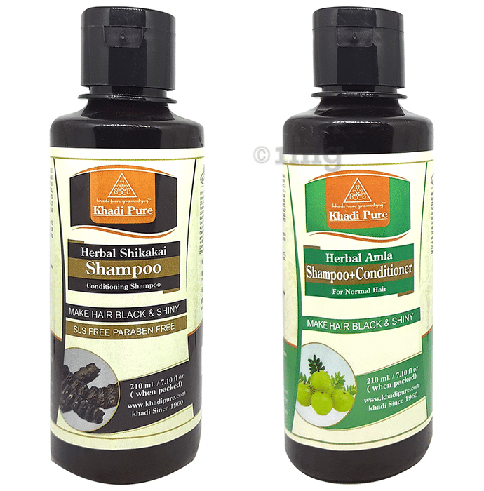 Khadi Pure Combo Pack of Herbal Amla Shampoo + Conditioner & Herbal Shikakai Shampoo SLS & Paraben Free (210ml Each)