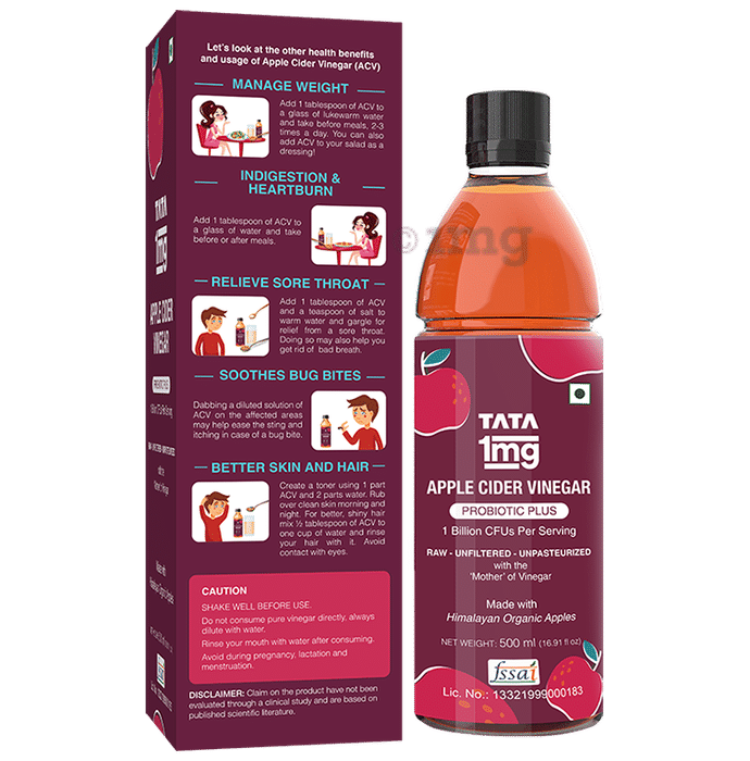 Tata 1mg Apple Cider Vinegar Probiotic Plus - Raw Unfiltered Unpasteurized with The Mother: Buy bottle of 500 ml Liquid at best price in India | 1mg Tata 1mg Apple Cider Vinegar Probiotic Plus - Raw Unfiltered Unpasteurized with The Mother: Buy bottle of 500 ml Liquid at best price in India | 1mg