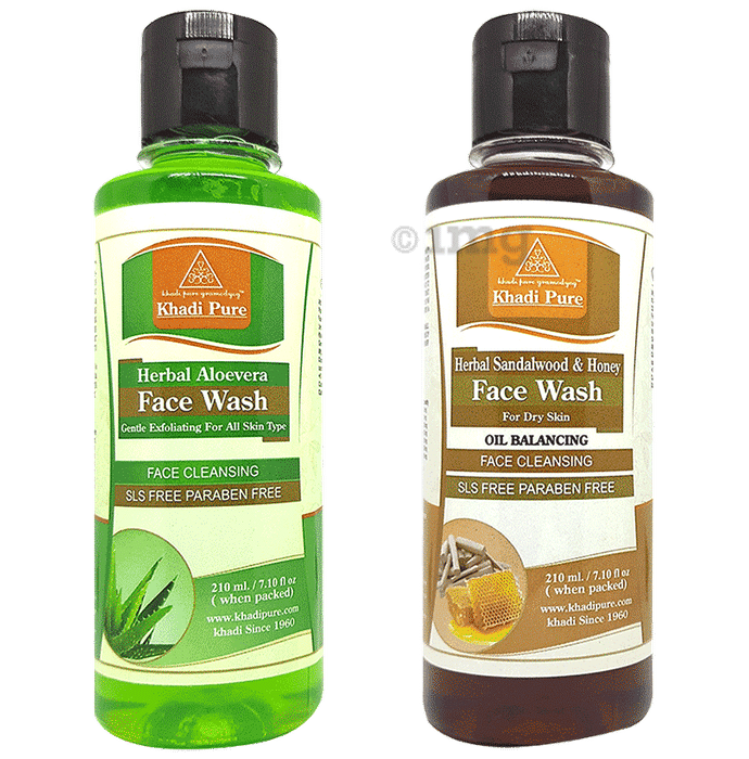 Khadi Pure Combo Pack of Herbal Aloevera Facewash & Herbal Sandalwood & Honey Facewash (210ml Each)