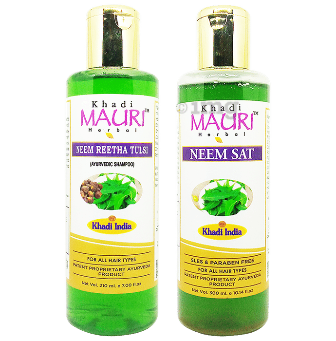 Khadi Mauri Herbal Combo Pack of Neem Reetha Tulsi (210ml) & Neem Sat (300ml) Shampoo