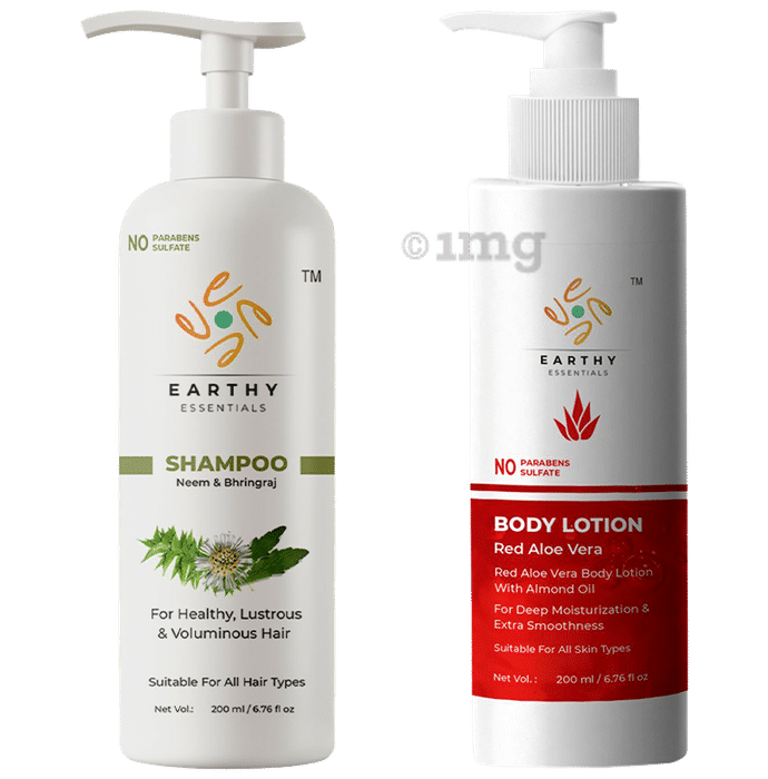 Earthy Essentials Combo Pack of Neem & Bhringraj Shampoo & Red Aloe Vera Body Lotion (200ml Each)