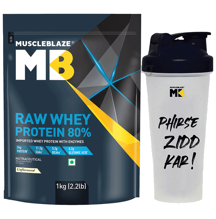 MuscleBlaze Raw Whey Protein 80% | Added Digestive Enzymes For Muscle gain | No Added Sugar | Flavour Powder with Shaker 650ml Unflavored