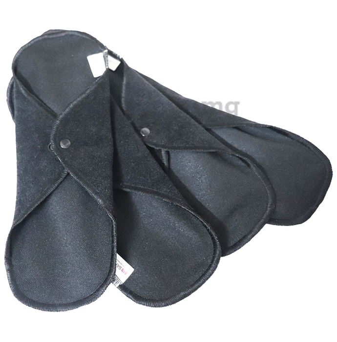 Safepad Reusable & Antimicrobial Sanitary Pad, Day Pad (3), Night Pad (1) with Storage Bag Black