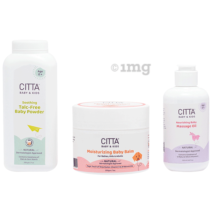Citta Combo Pack of Nourishing Baby Massage Oil 200ml, Soothing Talc-Free Baby Powder 200gm & Moisturizing Baby Balm 200gm
