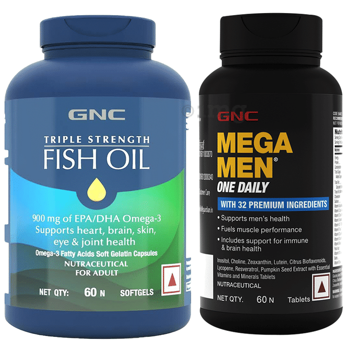 Combo Pack of GNC Triple Strength Fish Oil Softgel & GNC Mega Men One Daily Multivitamin Tablet (60 Each)