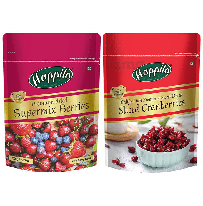 Happilo Combo Pack of Premium Dried Supermix Berries (200gm) & Californian Premium Sweet Dried Sliced Cranberries (150gm)