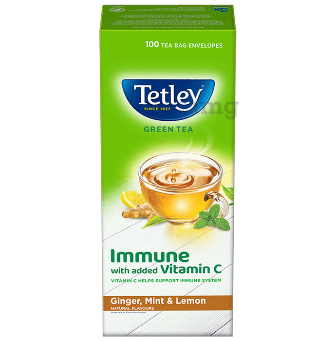 Tetley Green Tea Bag Immune with Added Vitamin C (1.4gm Each) | Flavour Ginger, Mint & Lemon