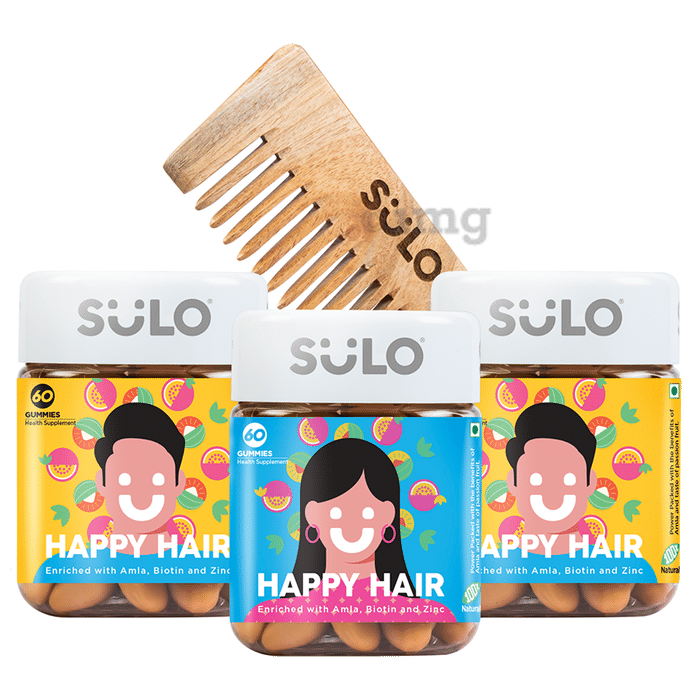 Sulo Nutrition Combo Pack of 2 Jar of Happy Hair Gummies for Men and 1 Jar of Happy Hair Gummies for Women (60 Each) with Neem Wood Comb Free