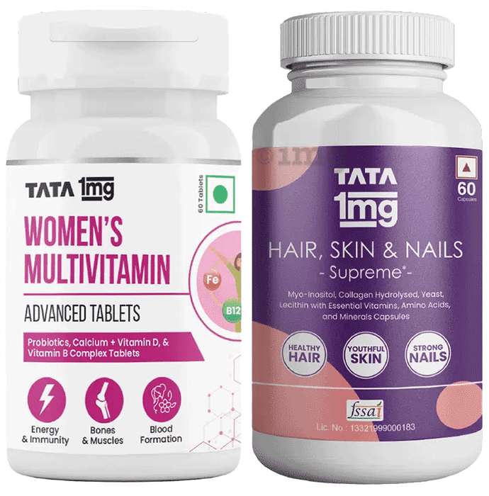 Combo Pack of Tata 1mg Women's Multivitamin Veg Tablet with Zinc (60) & Tata 1mg Hair, Skin & Nails Supreme Biotin Capsule (60)