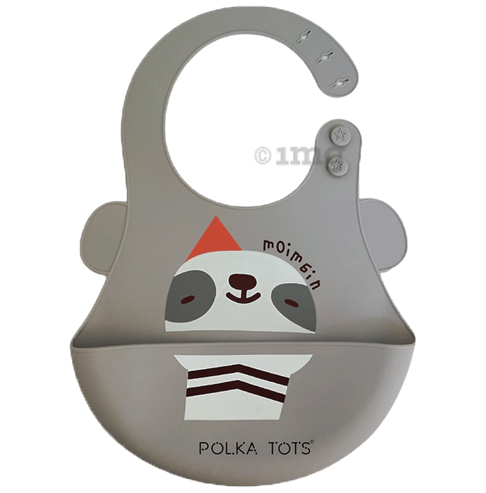 Polka Tots Waterproof Silicone Feeding Bibs With Adjustable Snap Buttons Sloth Print Grey