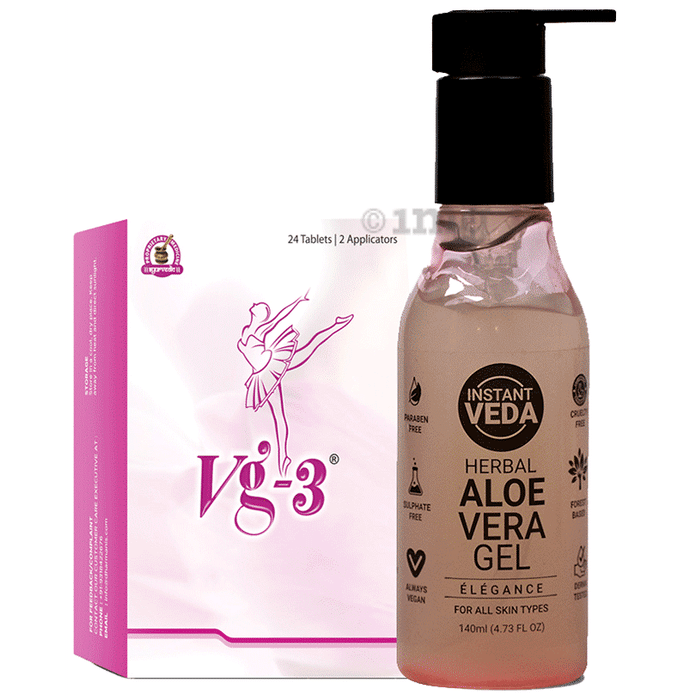 Vg-3 Combo Pack of Vg3 Vaginal Tablet (24) & Instant Veda Herbal Aloe Vera Gel (140ml)