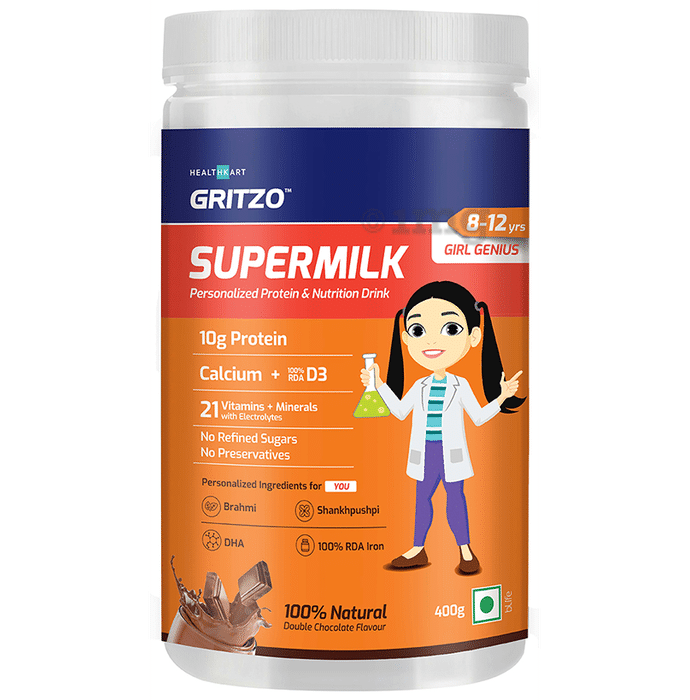 Gritzo SuperMilk Personalized Protein & Nutrition Drink with Calcium & VItamin D3 | Flavour 8-12 Yrs Girl Genius Double Chocolate