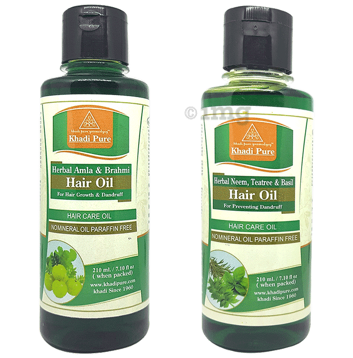 Khadi Pure Combo Pack of Herbal Neem, Teatree & Basil Hair Oil & Herbal Amla & Brahmi Hair Oil No Mineral Oil Free & Paraffin Free (210ml Each)