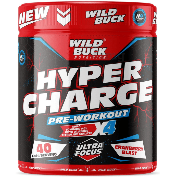 Wild Buck Hyper Charge Pre-Workout X4 with Creatine Monohydrate & Arginine for Energy, Muscle Endurance & Focus | Flavour Cranberry Blast