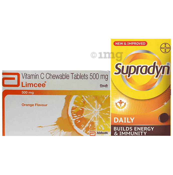 Combo Pack of Limcee Chewable Tablet Orange (15) & Supradyn Daily Multivitamin Tablets (15)