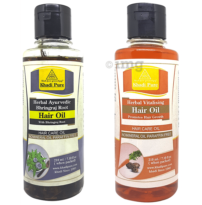 Khadi Pure Combo Pack of Herbal Ayurvedic Bhringraj Root Hair Oil & Herbal Vitalising Hair Oil Mineral Oil & Paraffin Oil Free (210ml Each)