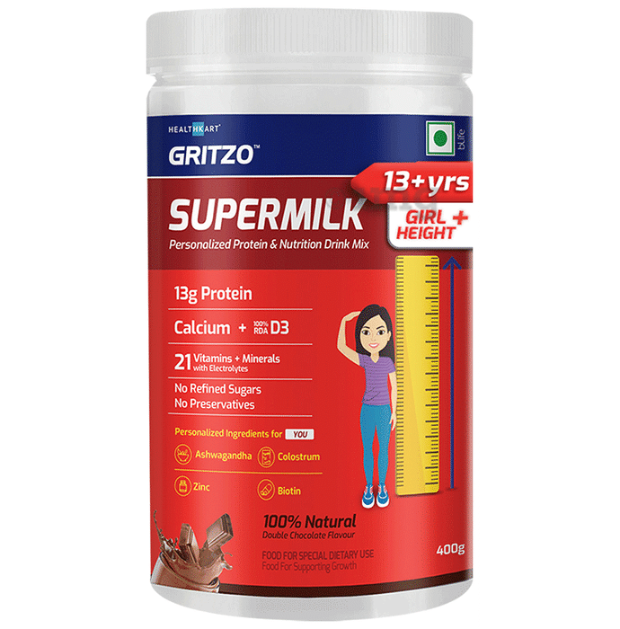 Gritzo Super Girl Milk Protein Height+ for 13+ Years Girls | With Calcium & Vitamin D3 | Flavour Double Chocolate