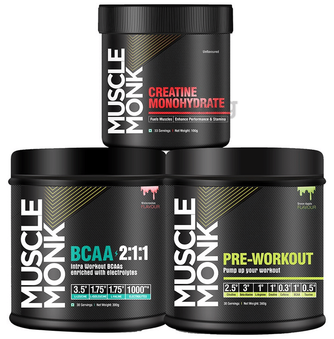 Muscle Monk Combo Pack of Creatine Monohydrate Unflavoured 100gm, BCAA 2:1:1 Watermelon 300gm & Pre-Workout Green Apple 300gm