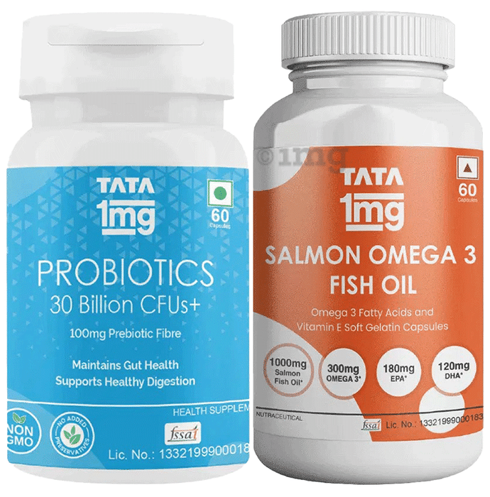 Combo Pack of Tata 1mg Salmon Omega 3 Fish Oil Capsule (60) & Probiotics 30 Billion CFUs+ Capsule (60)