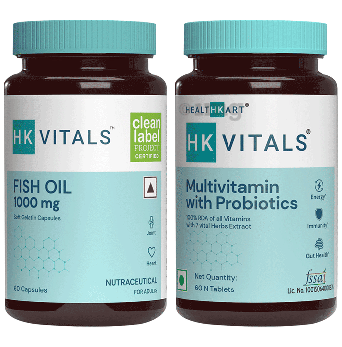 Healthkart Combo Pack of HK Vitals Multivitamin with Probiotics Tablet & Fish Oil 1000mg Soft Gelation Capsule (60 Each)