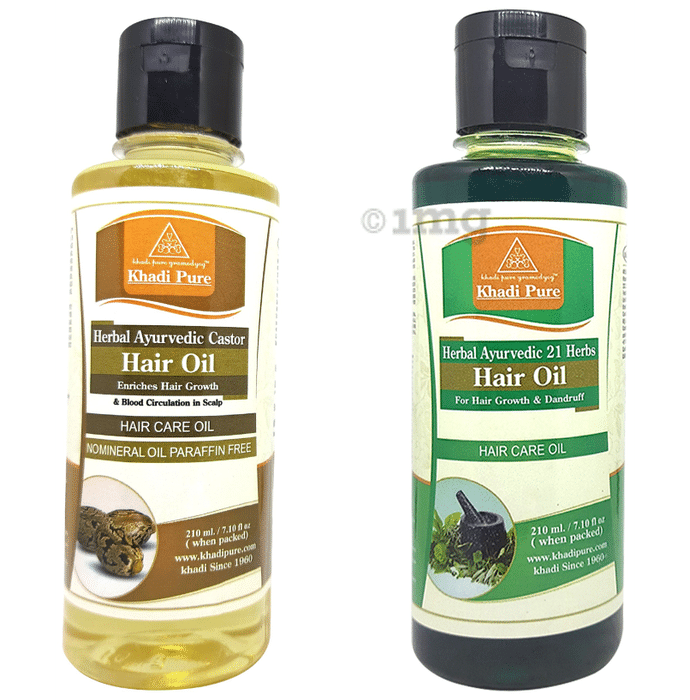 Khadi Pure Combo Pack of Herbal Ayurvedic 21 Herbs Hair Oil & Herbal Ayurvedic Castor Hair Oil (210ml Each)