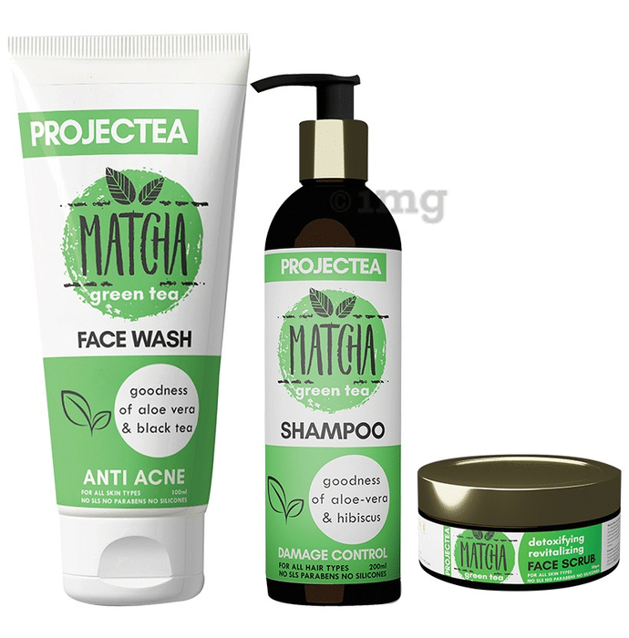 Projectea Combo Pack of Matcha Green Tea Face Wash 100ml, Shampoo 200ml & Face Scrub 50gm
