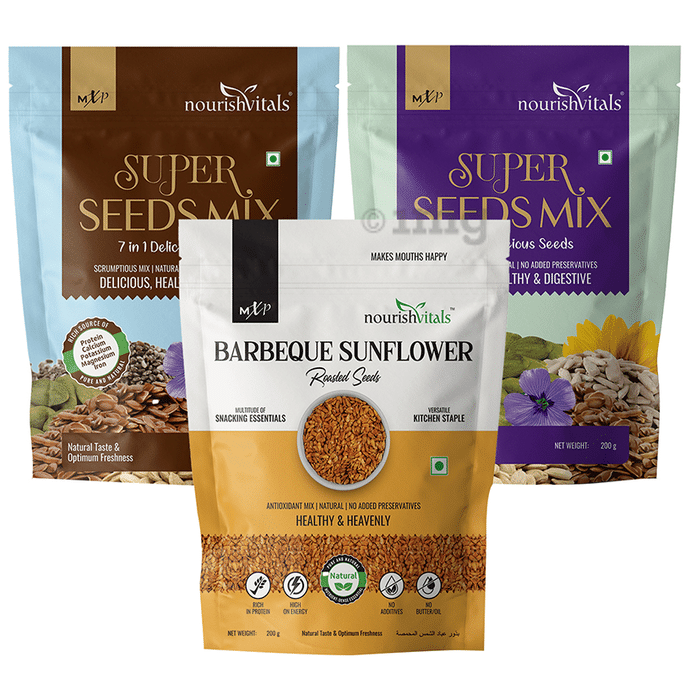 NourishVitals Combo Pack of 7 in 1 Super Seeds Mix, Barbeque Sunflower Roasted Seeds and 6 in 1 Super Seeds Mix (200gm Each)