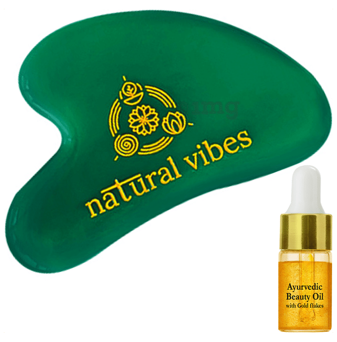 Natural Vibes Jade Gua Sha Facial Massager with Ayurvedic Beauty Oil with Gold Flakes Free