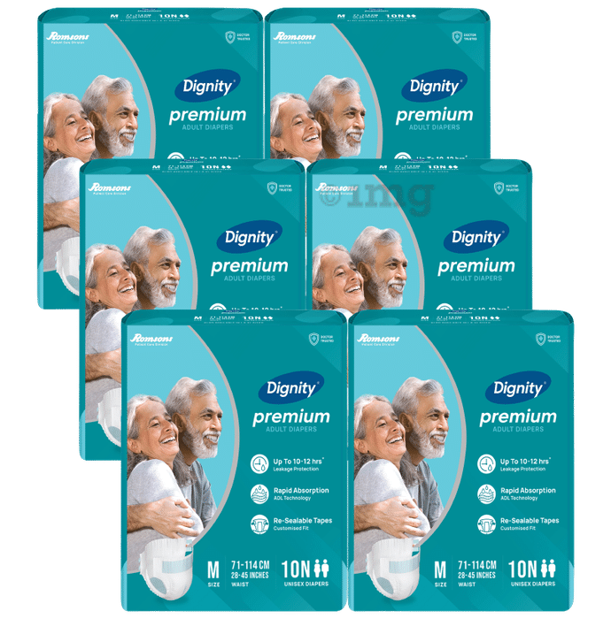 Dignity Premium Adult Diapers, Medium, Waist Size 28 - 45, 10