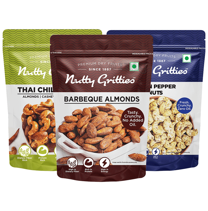 Nutty Gritties Combo Pack of Barbeque Almonds, Thai Chilli Blend & Southern Pepper Cashew (200gm Each)