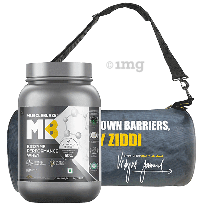 MuscleBlaze Biozyme Performance Whey Protein | For Muscle Gain | Improves Protein Absorption by 50% | Flavour Powder Rich Chocolate with Limited Edition Vidyut Gym Bag