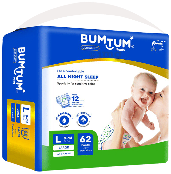 Bumtum Ultrasoft Baby Diaper Pants, Cottony Soft High Absorb Technology (62 Each) Large