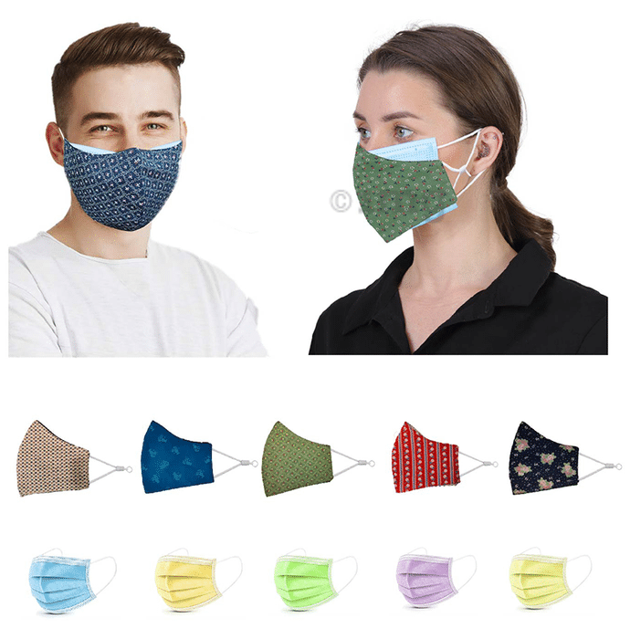 E-Tex Kawach Combo Pack of  5 Fashion Mask & 10 Surgical 3 Ply Face Mask Free Size Multicolor