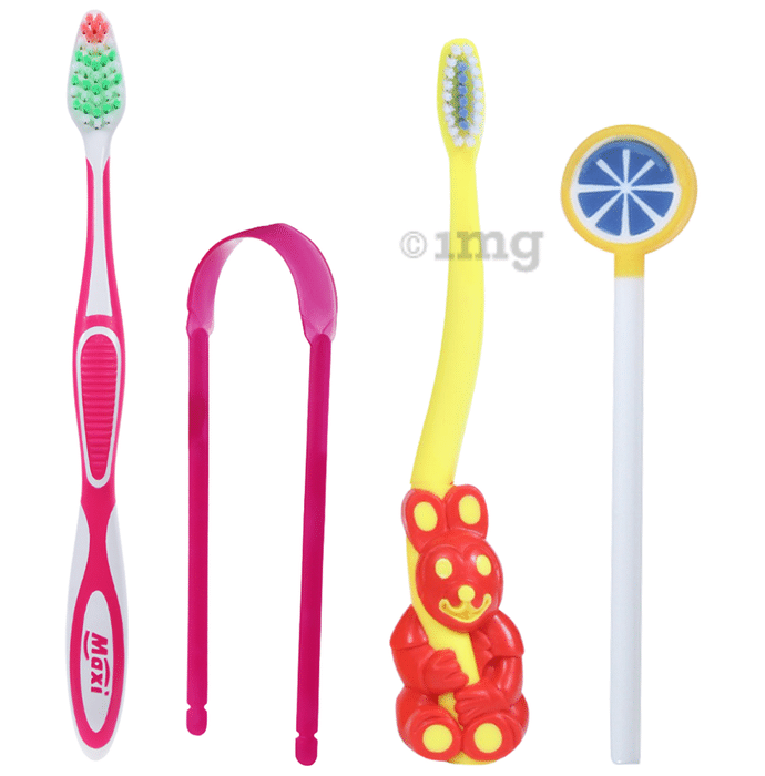 Maxi Oral Care Family Pack of 1 Bingo Junior Toothbrush, 1 Watermelon Lollipop Tongue Cleaner, 1 Adult Expert Toothbrush and 1 Tongue Cleaner