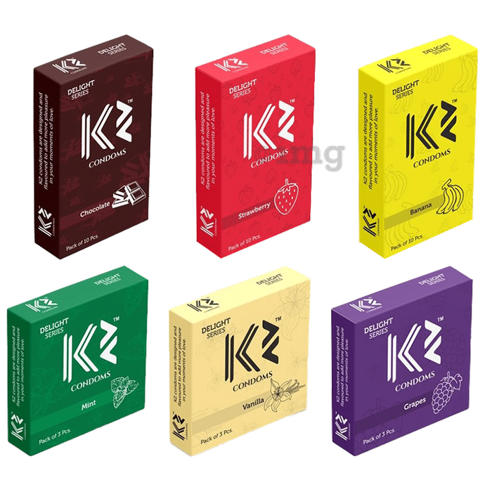 K2 Combo Pack of Dotted Condom Chocolate,Strawberry,Banana(10Pc Each) Mint,Vanilla,Grapes(3pc Each)