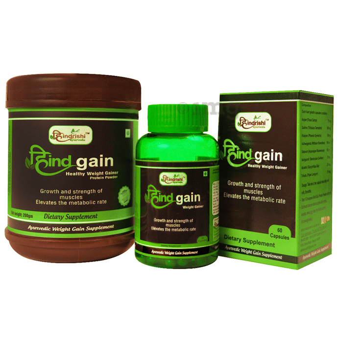 Hindrishi Ayurveda Combo Pack of Hind Gain Healthy Weight Gainer Protein Powder 200gm & Hind Gain Healthy Weight Gainer 60 Capsule