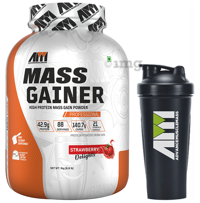 Advance MuscleMass High Protein Mass Gainer Powder Strawberry Delight with Shaker 700ml