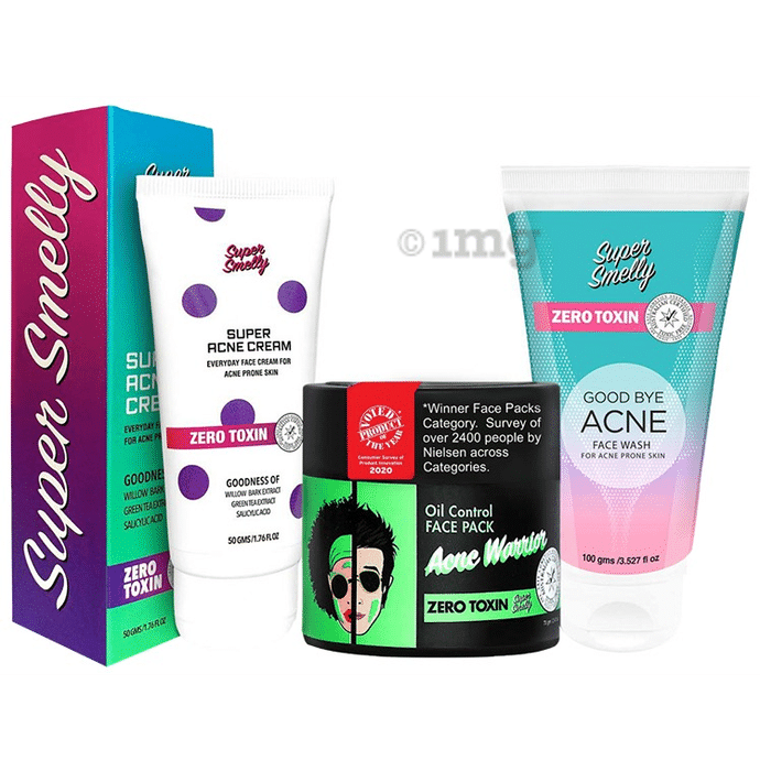 Super Smelly Good Bye Acne Face Wash (100gm) Oil Control Face Pack Acne Warrior (70gm) and Super Acne Cream (50gm)