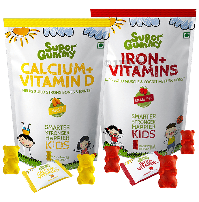 Super Gummy Combo Pack of Calcium+Vitamin D Gummies Masti Mango & Iron+Vitamins Gummies Smashing Strawberry (30 Each)